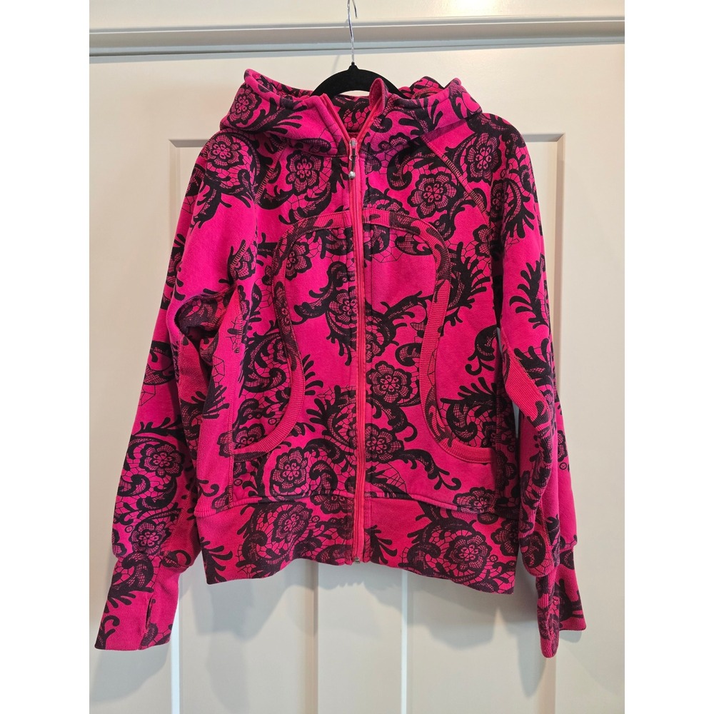 Lululemon Scuba Hoodie Full Zip Pink Black Lace Floral Damask Print sz 10